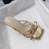 Bow Slippers Women High Heels Sandals Square Toe Shoes Elegant Summer 2025 Dress Luxury Pumps Trend Open Toe Shoes Casual Slides