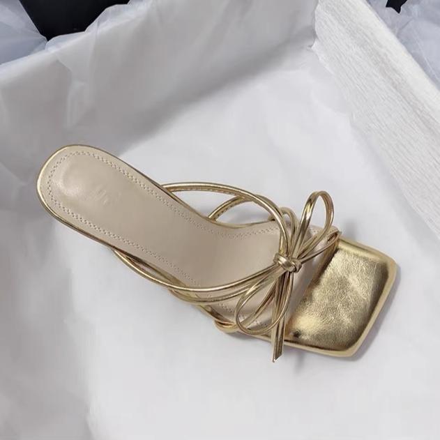 Fashion Bow Slippers Women High Heels Sandals Square Toe Shoes Elegant Summer 2025 Dress Luxury Pumps Trend Open Toe Shoes Casual Slides