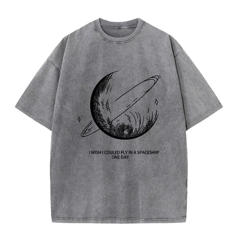 2026 Neues Schweres Reines Baumwollgewaschenes T-Shirt Locker Übergröße Retro Used Street Style Monddruck Kurzarm Basisschicht