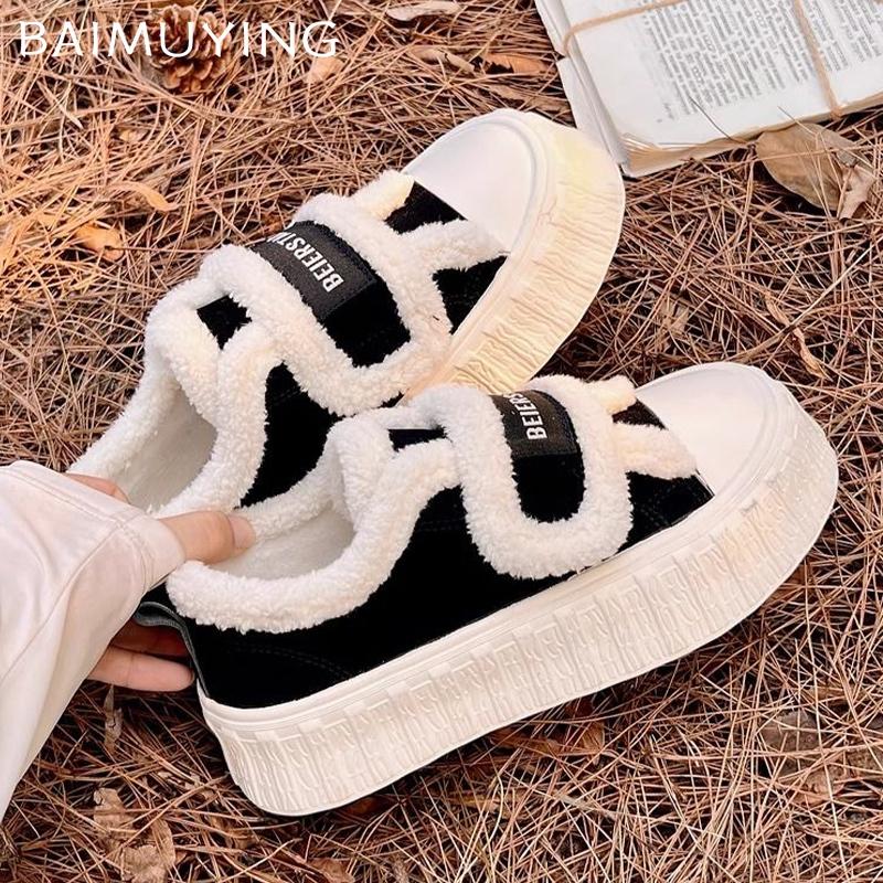 Fur Platform Women Sneakers Canvas Flats Cotton Shoes Short Plush Casual Shoes Winter 2024 Trend Walking Cozy Mujer Zapatillas