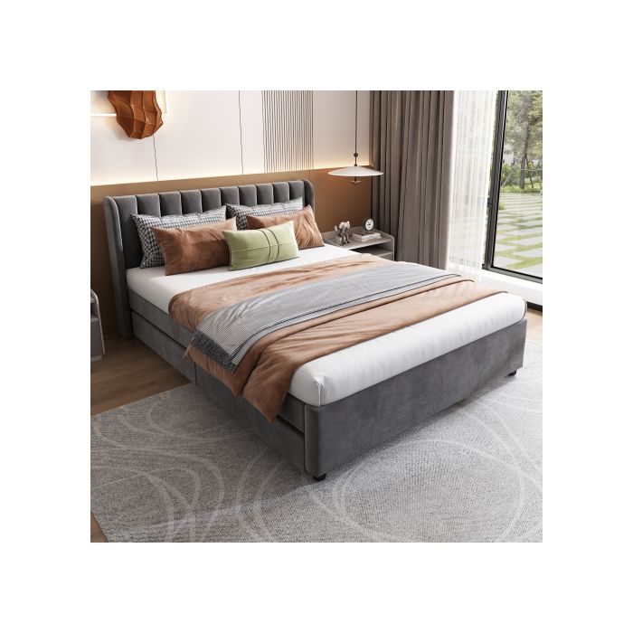 Lit 140x200 cm - MUVOE - Velours gris - 2 tiroirs - Sommier à lattes - Design contemporain