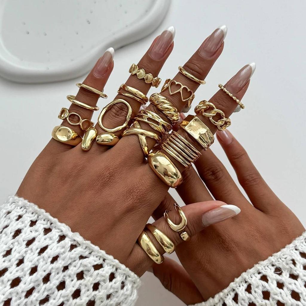 Salircon 20Pcs/Set Exaggerated Metal Irregular Lines Water Droplet Smooth Rings for Women Punk Knuckle Rings Couple Jewelry Gift