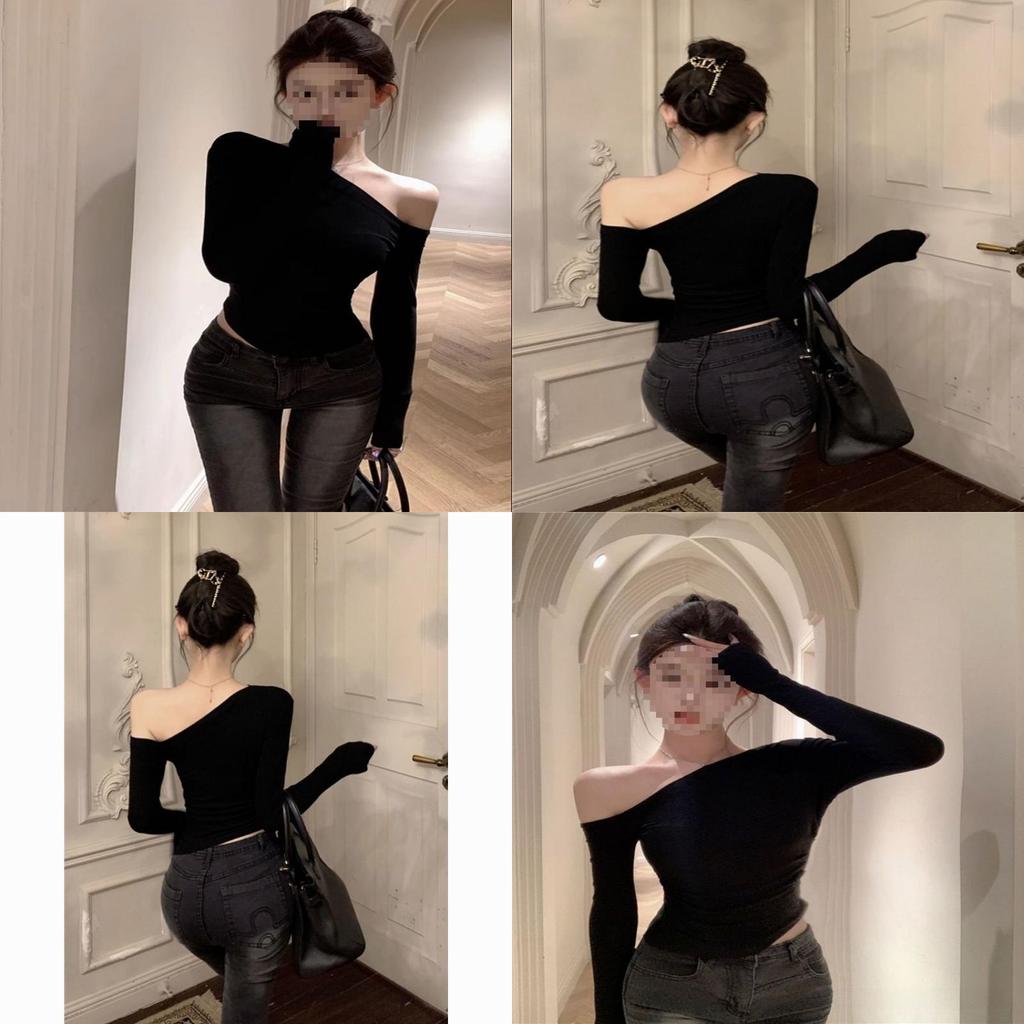 Black Off Shoulder T Shirt With Embroidered Design For Sexy Girl Style