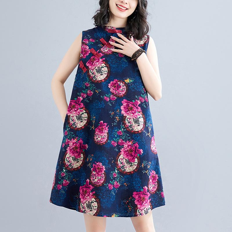 Retro Modified Disc Button Cheongsam Skirt Loose Slimming Sleeveless Printed Dress