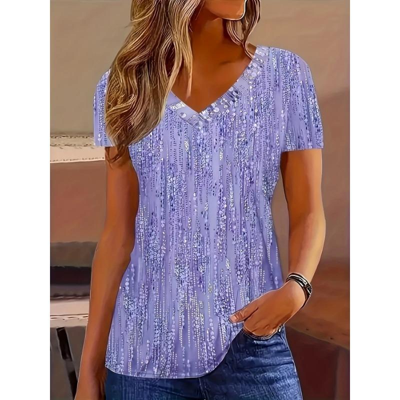 Spring and summer popular all-over printed V-neck T-shirt for women, loose slimming casual short-sleeved top, versatile and trendy