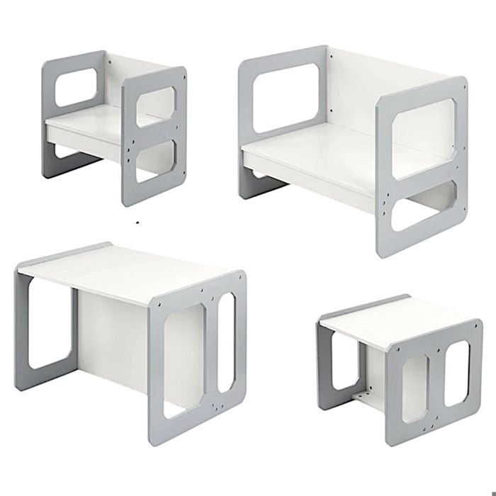 GINGER HOME Ensemble Montessori 3 en 1 – Table, Banc et Chaise Enfant – Bois MDF – Blanc et Gris