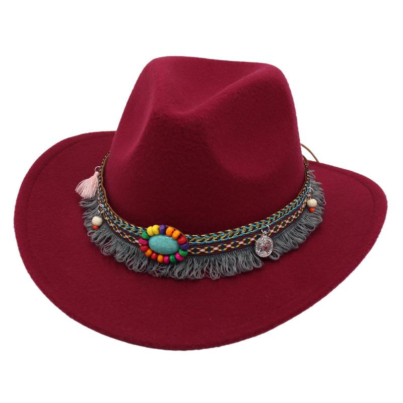 Ethnic Bowler Hat Tassel Western Cowboy Hat Jazz Hat Turquoise Felt Hat Outdoor Literary Sun Hat