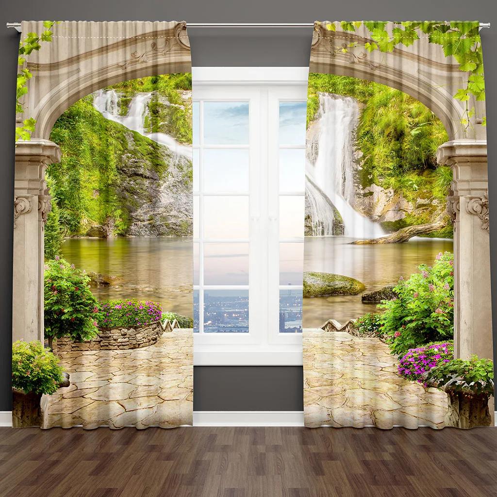 3D Print Blue Beach Sea and Natural Forest Drapes Window Curtain Bedroom Decorative Curtain 2 Panel for Living Room