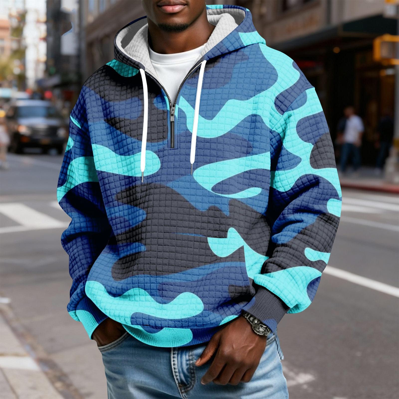 

Чоловічий картатий пуловер з капюшоном на блискавці, з принтом на шнурку, повсякденна спортивна толстовка XL синій