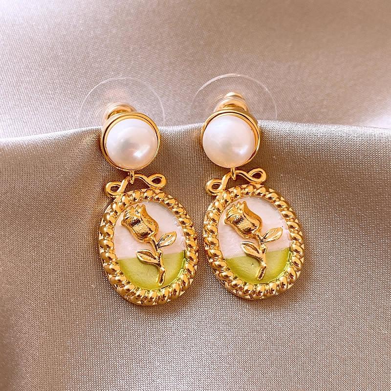 Mode Vintage Ölgemälde Stil Imitiert Barock Perlenblumen Ohrringe Tropfglasur Ohrring Damen Zart Hochwertige Accessoires