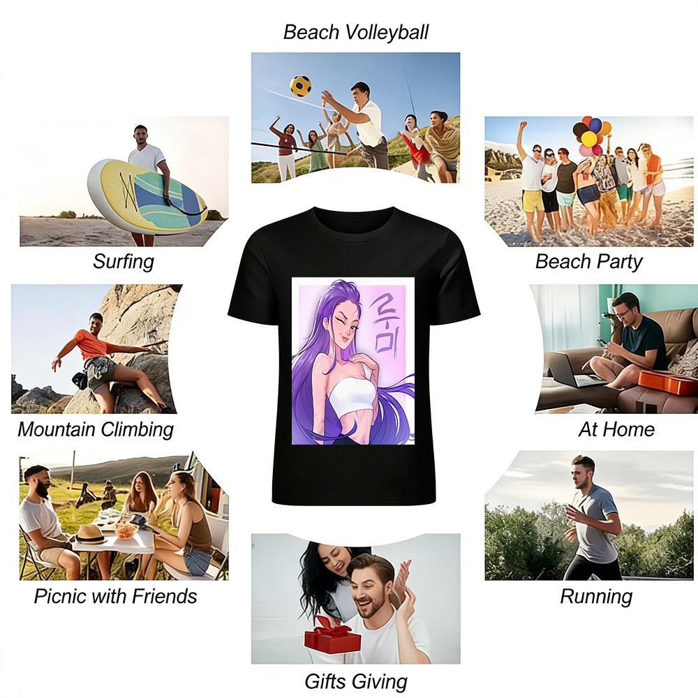 Cyber Style Purple Hair Girl Print Top Trendy Korean Cool Casual Loose Crew Neck Short Sleeve T-Shirt Pure Cotton T-shirt