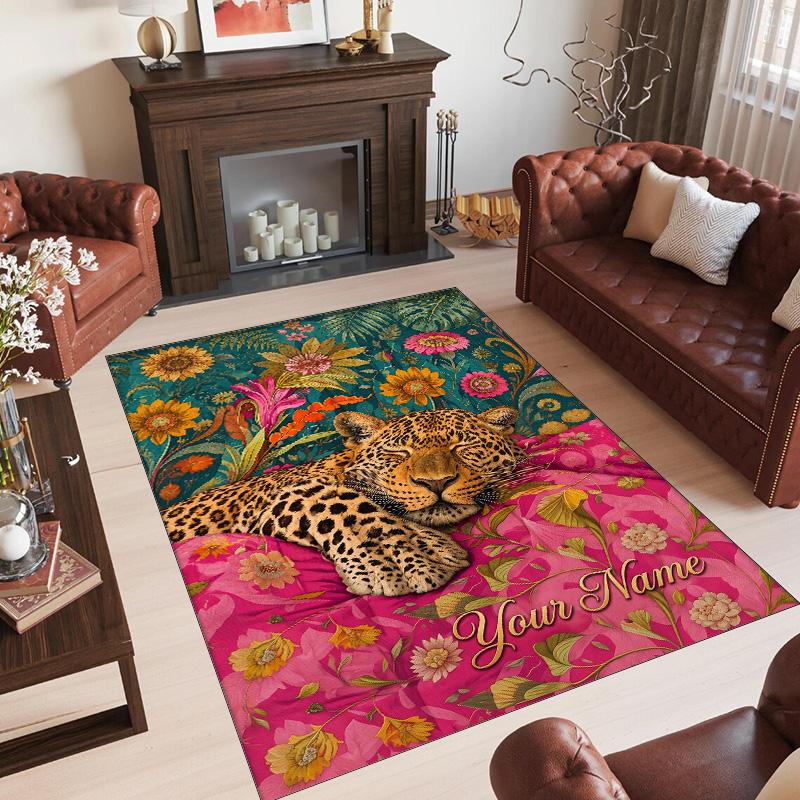 Leopard Theme Crystal Velvet Floor Rug Personalized Custom Name Text Warm Carpet Home Decoration