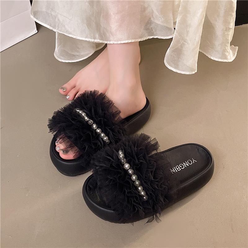 Mesh casual pearl cool slippers women's summer wear small soft bottom comfortable height increase fairy style one-word slippers