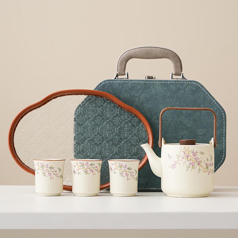 Jun Shiqi DH Wisteria Kung Fu Tea Set with Large Beam Pot & Leather Bag