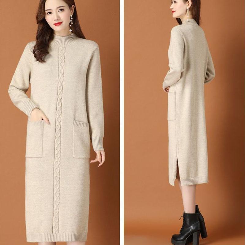Autumn Winter Women's Half Turtleneck Knit Dress Slim Fit Solid Color Pullover Long Sweater Dress