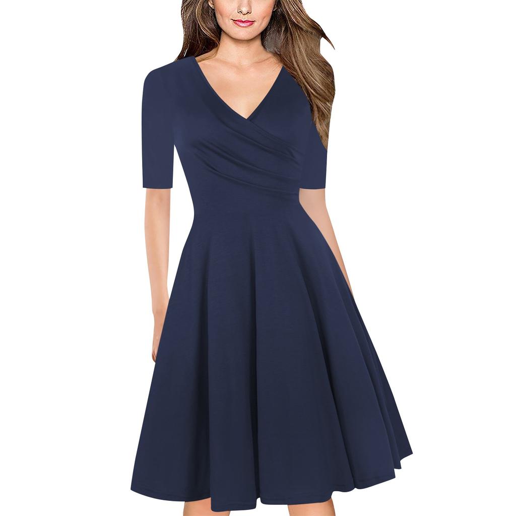 Damenkleid mit halblangen Ärmeln, V-Ausschnitt, plissiertem Bund, breitem Saum und schmaler Passform