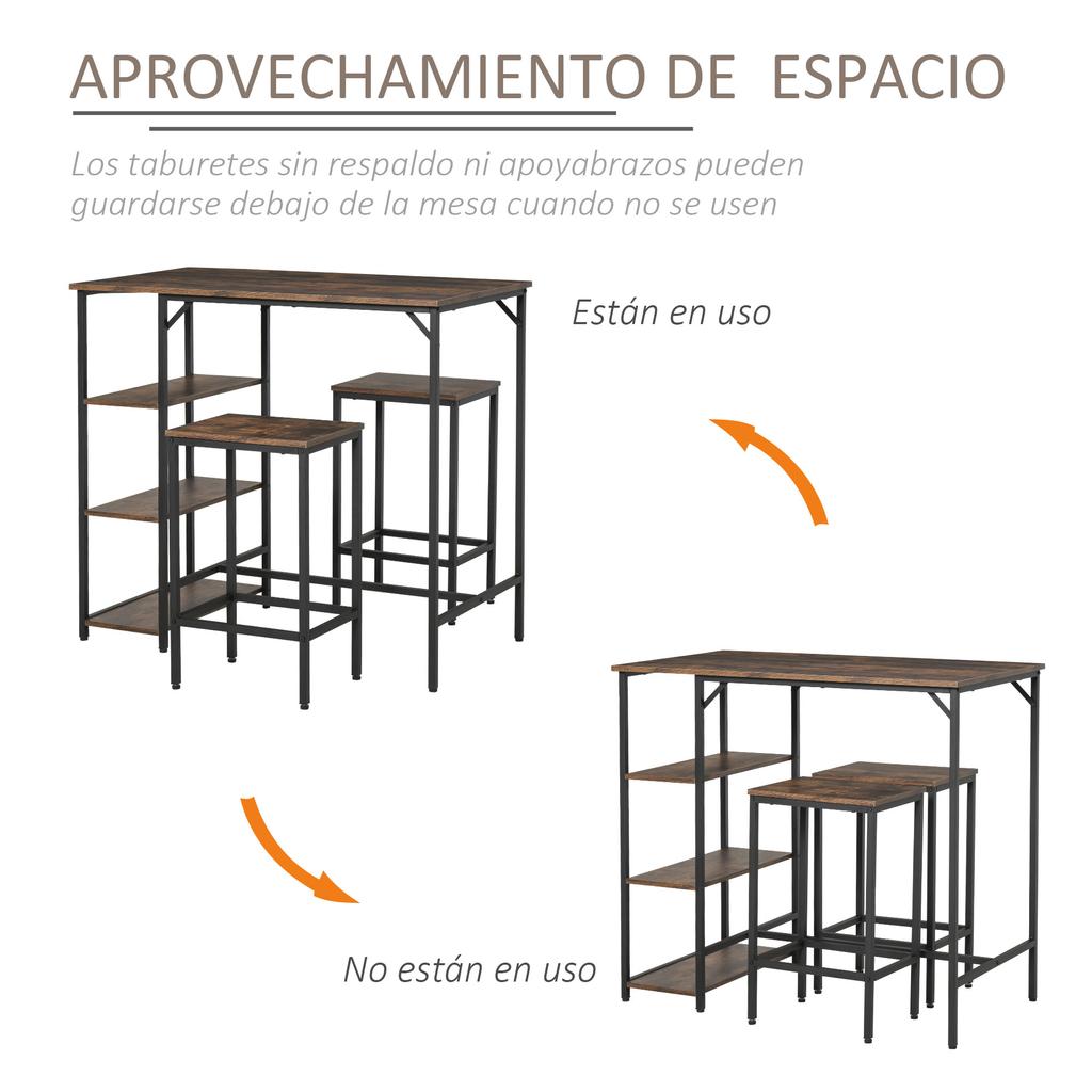 Bar Table and 2 Stools Set, Footrest, 3-Tier Shelves, Cushions, 109 x 60 x 100 cm, Rustic Brown