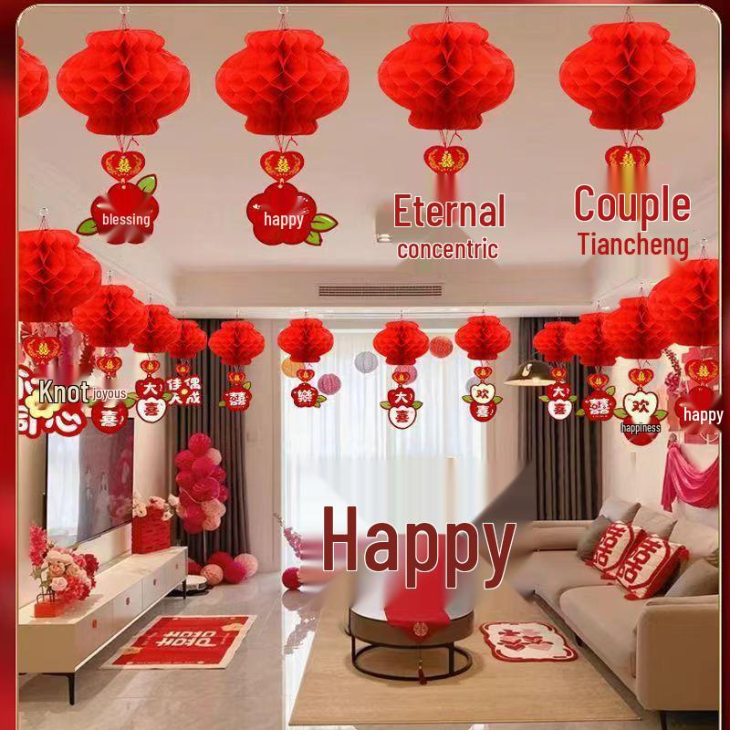 Red Honeycomb Paper Lantern Ornaments for Wedding and Courtyard Decoration