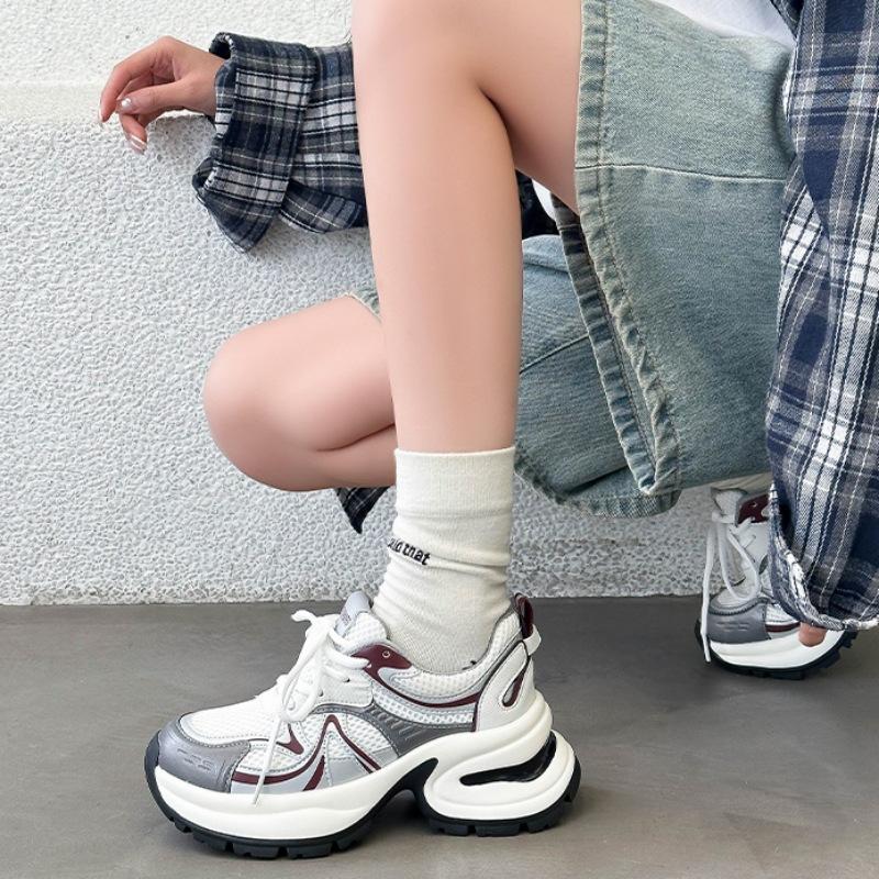 Popular dad shoes women's 2025 spring new leather thick-soled 7CM heightening small casual shoes mesh sneakers