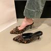 Fashion New Leopard Print Women High Heel Slipper Pointed Toe Thin Low Heel Sandal Ladies Mules Shoes Zapatos Mujer