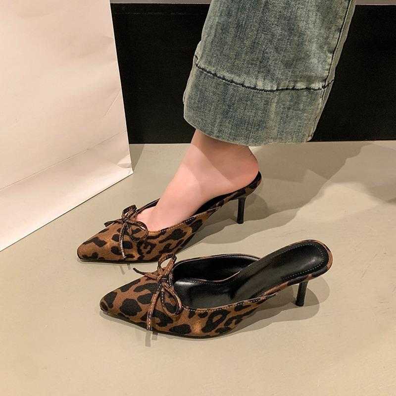 Fashion New Leopard Print Women High Heel Slipper Pointed Toe Thin Low Heel Sandal Ladies Mules Shoes Zapatos Mujer