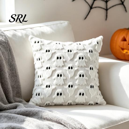 Soft Plush Couch Pillow Covers 2Pcs Halloween Ghost Cushion Covers, Throw 18x18 Decorative Inch Cases for Sofa Bed Chair Cozy