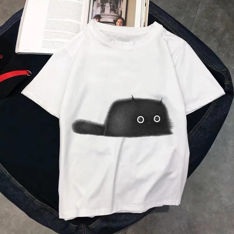 Kawaii T Shirts Women Cat New Tops Female Tshirt Loose Tshirt Summer Tee White Tshirts Round Neck Oversized T Shirt