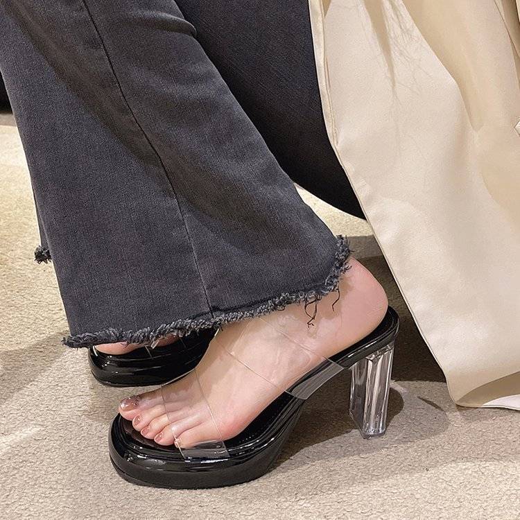 Fashion Thick Heel Waterproof Table Sandals Non-slip Shoes Summer Solid Color Sandals Women's Transparent Strap
