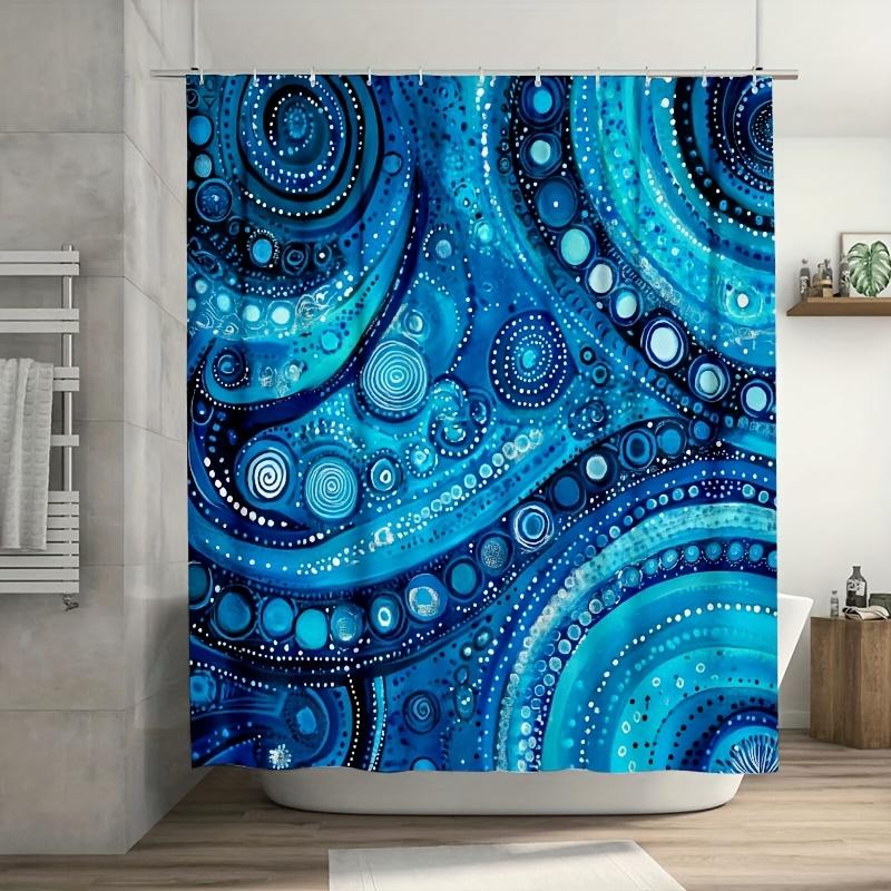 

1Pc Vibrant Blue Ethnic Curtain, Swirling Circles On Turquoise,Durable Polyester, Easy-Clean, Plastic Hooks, Bath/Window Decor W60H190(CM)-1 Pcs
