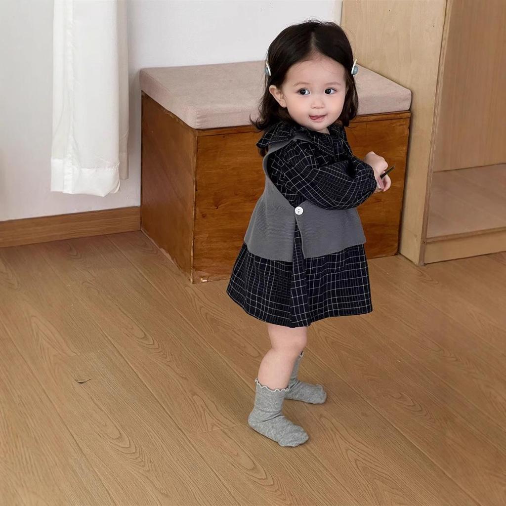 New 2025 Korean Style Plaid Dress Set for Baby Girls - Autumn Collection