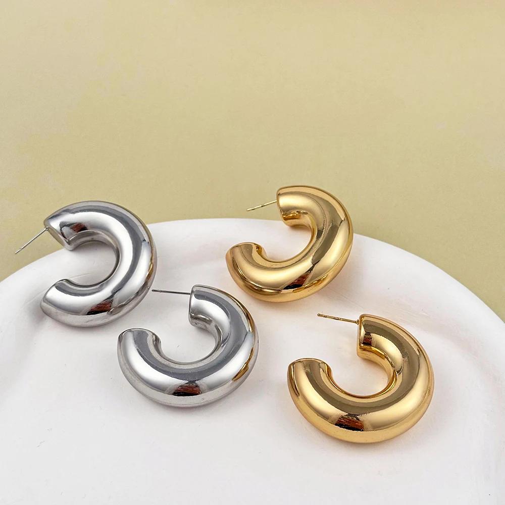 New Retro Stainless Steel Chunky C Shape Hoop Earrings Glossy Gold Plated PVD Circle Round Tube Huggie Hoops Stacked Ear Jewelry