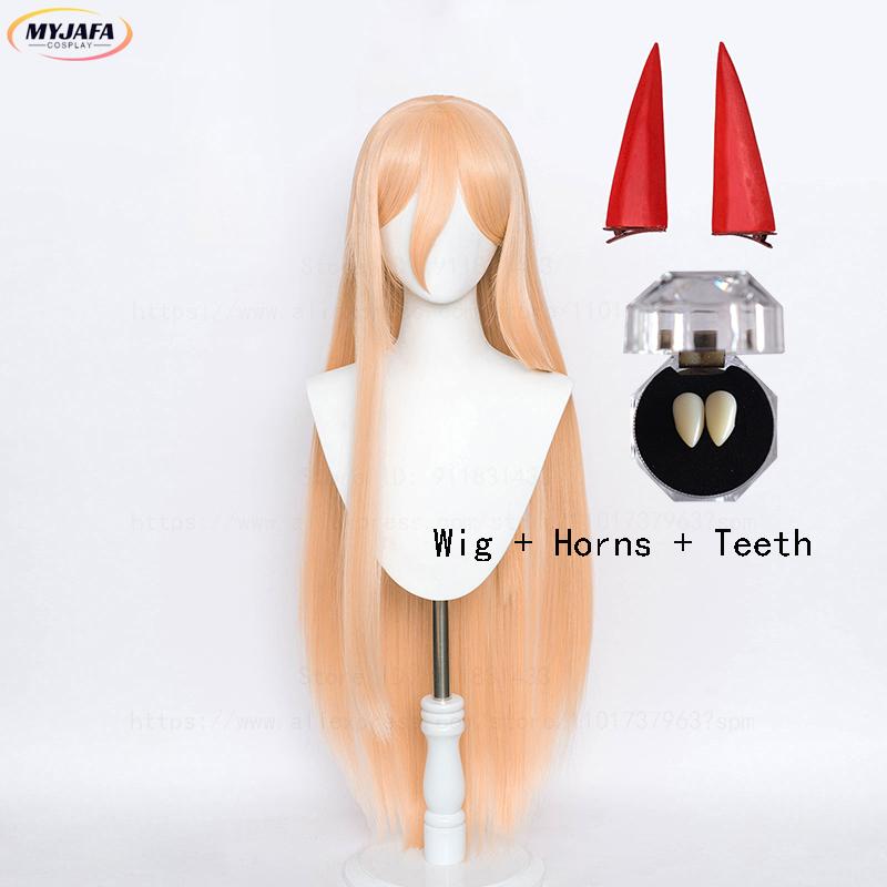 Hoge Kwaliteit Anime Makima Power Cosplay Pruik Lang Oranje Roze Hittebestendig Synthetisch Haar Feest Rolspel Pruiken + Pruikenkapje + Hoorns One Size