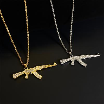 ZAKOL Hiphop Rock Style AK47 Rifle Gun Pendant Necklace Crystal Metal Clavicle Chain for Men Women Party Daily Jewelry Gift