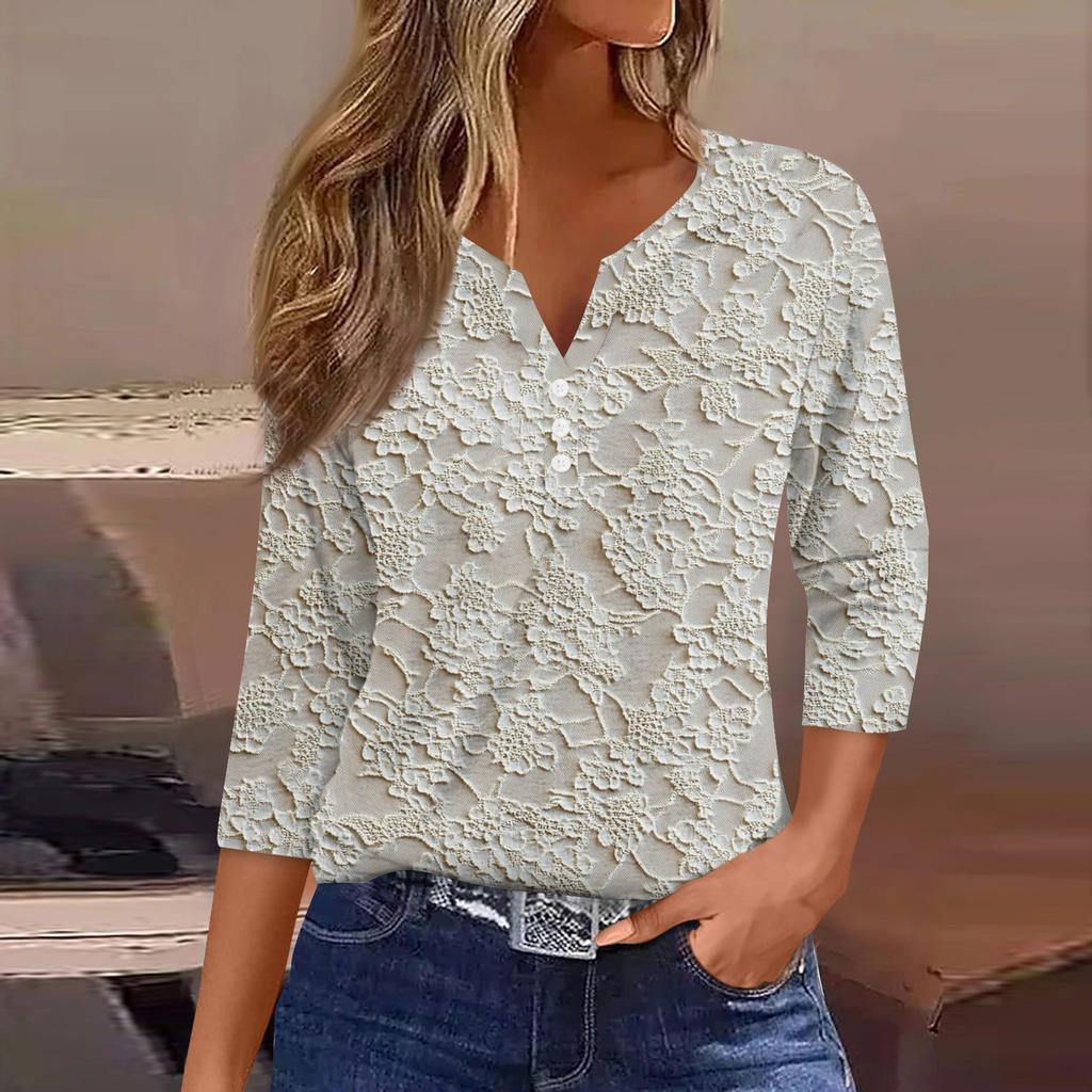 Maglietta da donna con stampa e bottoni, manica 3/4, moda da fine settimana, scollo a V, base, regolare