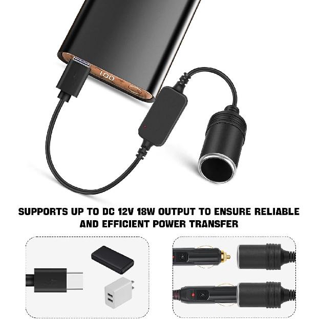 USB C to Cigarette Lighter Adapter, USB C Male to 12V Car Cigarette Lighter Socket Female Converter Cable, 12V 18W Power Cable for Dash Cam, GPS, Car