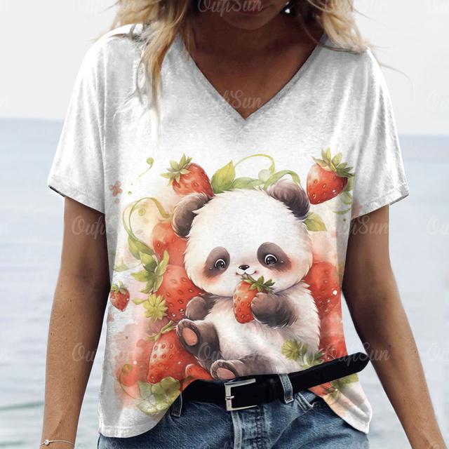 Oversize Women's Clothing Tshirt Cute Panda Woman Clothing Casual V-Neck Short Sleeve T-Shirts Pullover Trend Summer Streetwear