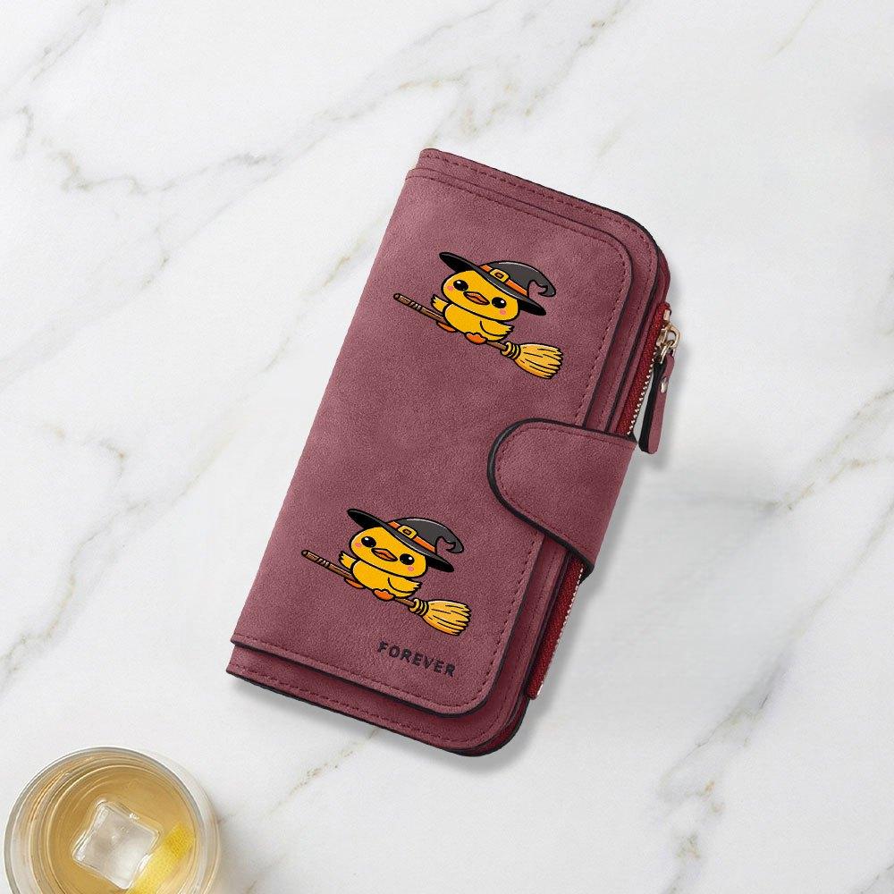 Cute Duck Witch On a Broom Print Long Wallet Multifunctional Portable Coin Purse with Clasp Large Capacity Clutch Bag Perfect for Daily Commuting