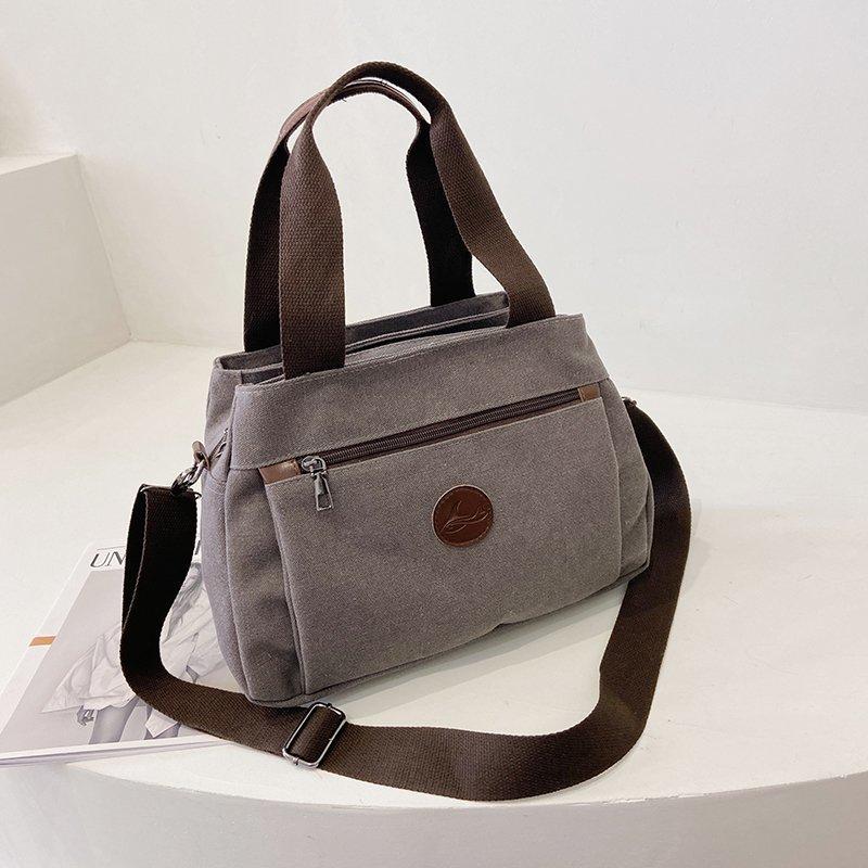 Canvas Handbag Multi-pocket Large-capacity Canvas Bag Solid Color Casual Simple Shoulder Bag Messenger Bag Retro Women's Bag