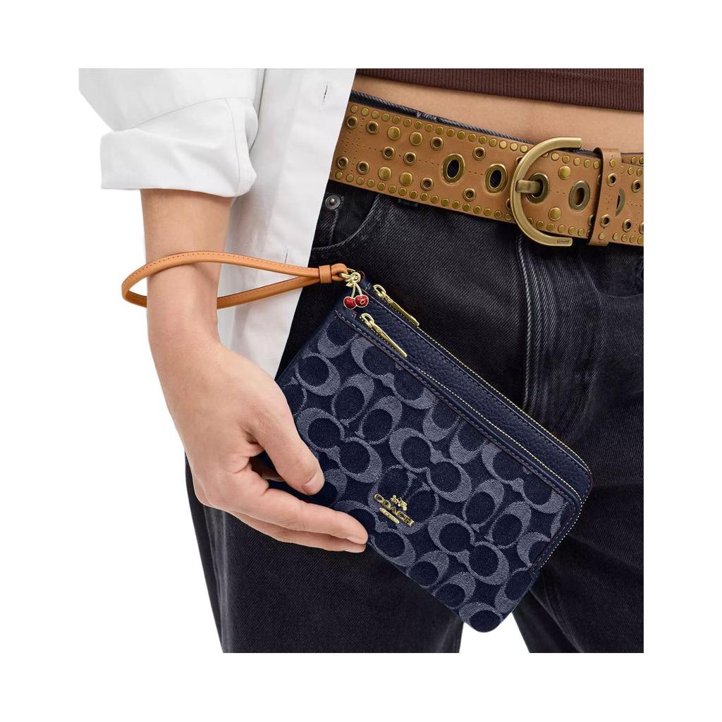 Neues COACH Doppel-Reißverschluss-Portemonnaie Denim mit Leder Portemonnaie Trompeten Damen Dunkelblau CZ321-IMXIA