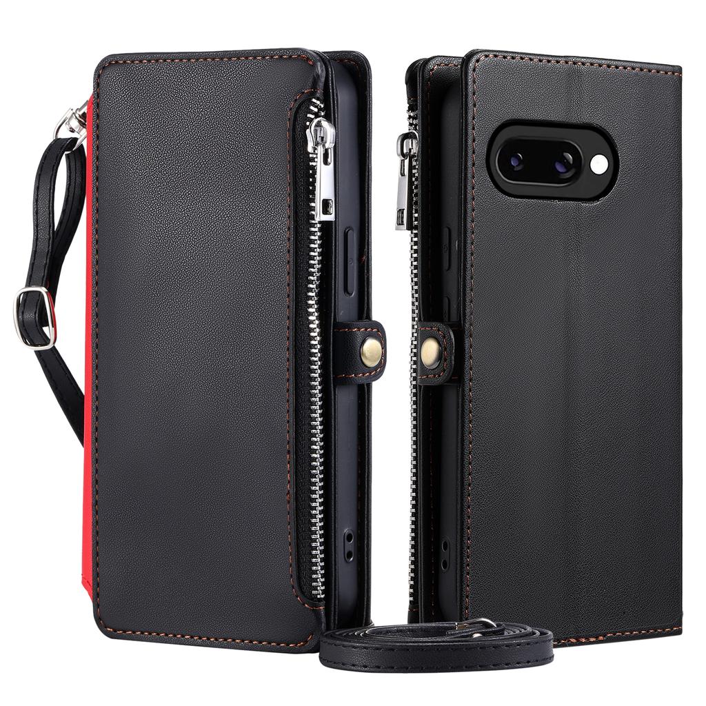015 Style For Google Pixel 9a Case TPU+PU Leather Wallet Phone Cover with Straps