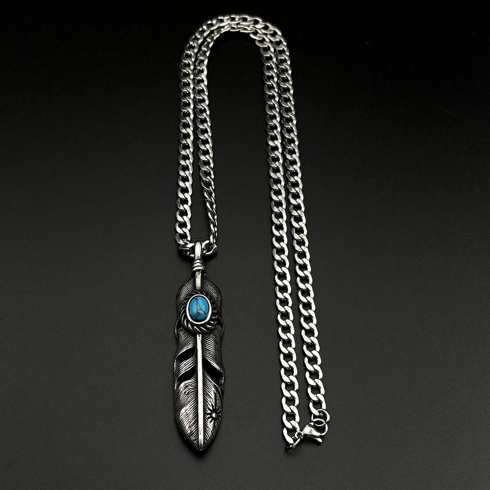 Collana Pendente con Piume Turchesi Stile Boho Vintage per Donne Uomini Catena in Acciaio Inossidabile Colore Argento Amuleto Gioielli in Pietra Naturale