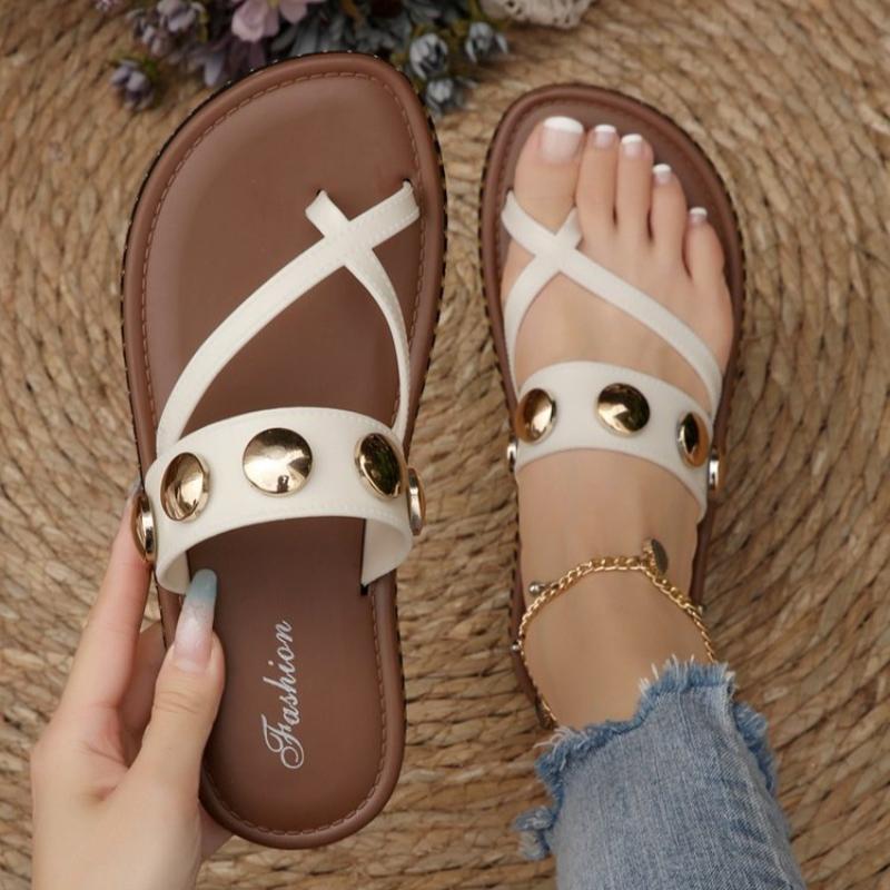 

Модные шлепанцы из искусственной кожи с заклепками, женские модные металлические шлепанцы-слайды с перемычкой для пальца, женские 2025, удобные, износостойкие шлепанцы 36 белый