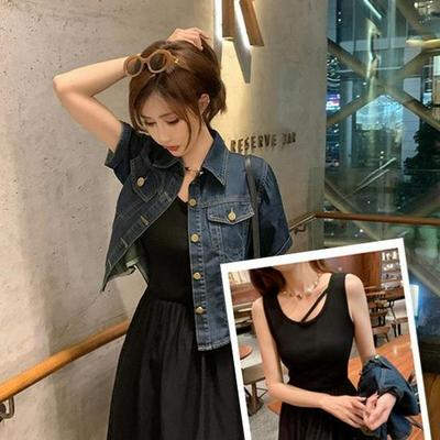 Hong Kong Retro Denim Short Jacket & Camisole Dress Set for Women - Summer Thin, Loose Fit, Short-Sleeved Two-Piece
