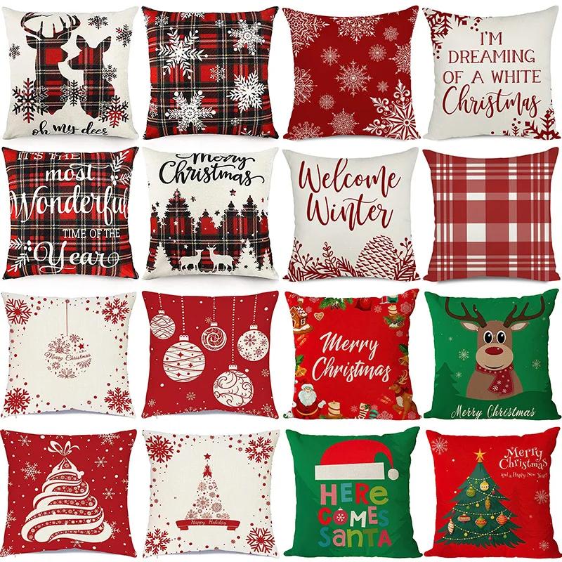 Merry Christmas Decor Cushion Cover 45x45 cm Pillow CaseCartoon Reindeer Santa Claus Printed Throw Pillowcase Linen Pillow Cover