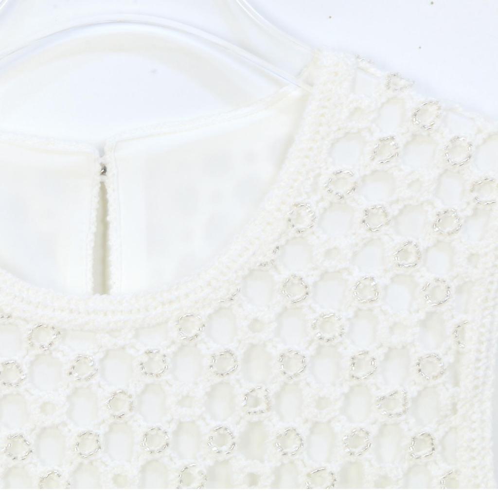 French Style Sleeveless White Knit Vest with Studded Detailing for Women