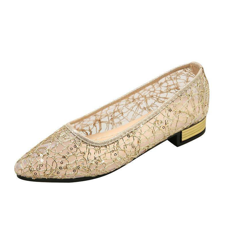 Large-sized Single-shoe Women's Summer Hollow Mesh Fabric Fashionable Pointed Toe Casual Flat Bean Shoes