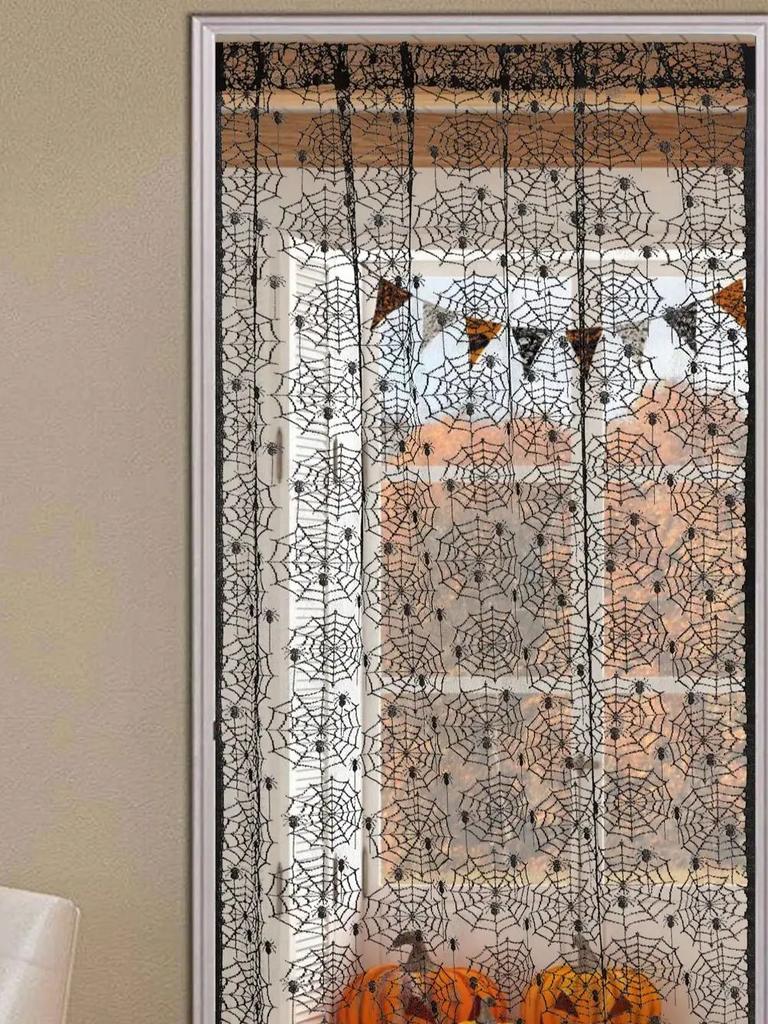 Halloween Lace Window Curtain with Spider Web Design - Perfect for Fireplace, Door curtain