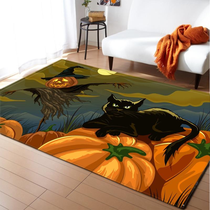 Halloween Cartoon Carpet Rug Mat – Living Room Bedroom Sofa Coffee Table Spooky Pumpkin Bat Castle Ghost Pattern Home Decoration