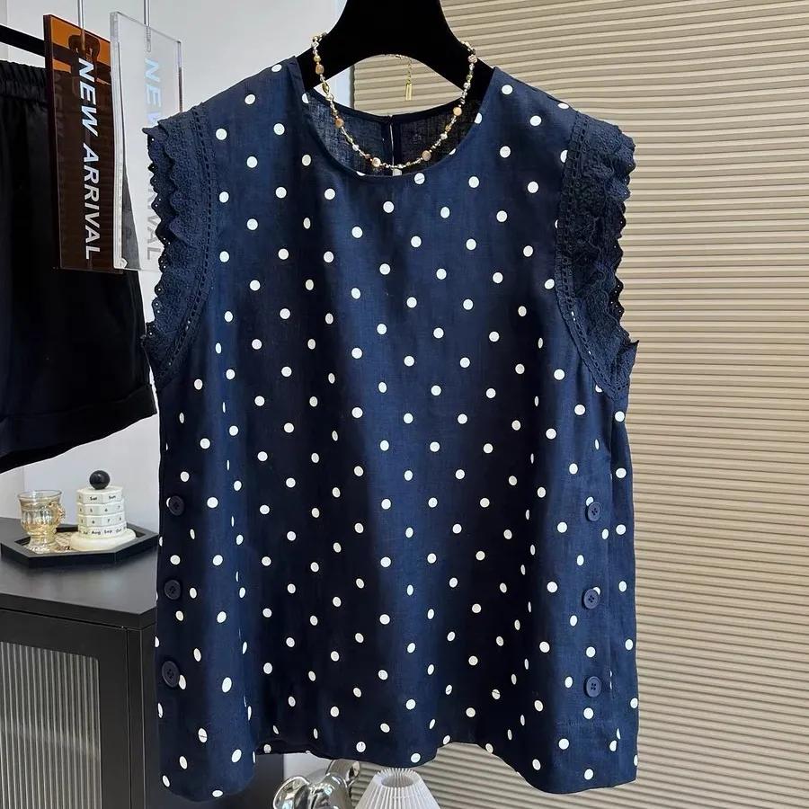

French Unique Polka Dot Fungus Lace Small Flying Sleeve Shirt Women Temperament Vest Top L синій