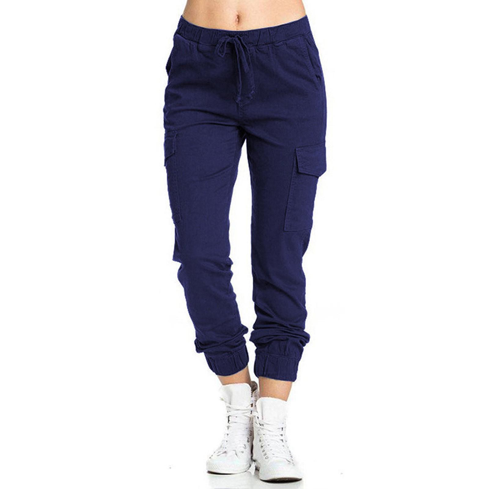 

Women s Color Casual Elastic Waist String Side Pocket Pencil Pants XL Темно-синій
